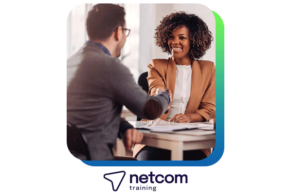 People smiling and working together and netcom training logo