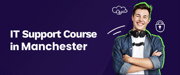 Students and text IT Support Course in Manchester